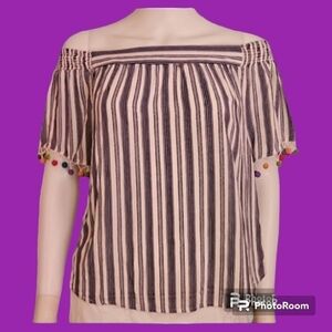 3/$30 LILY WHITE Striped Pom Pom Off Shoulder Cropped Candy Doll Festival Blouse